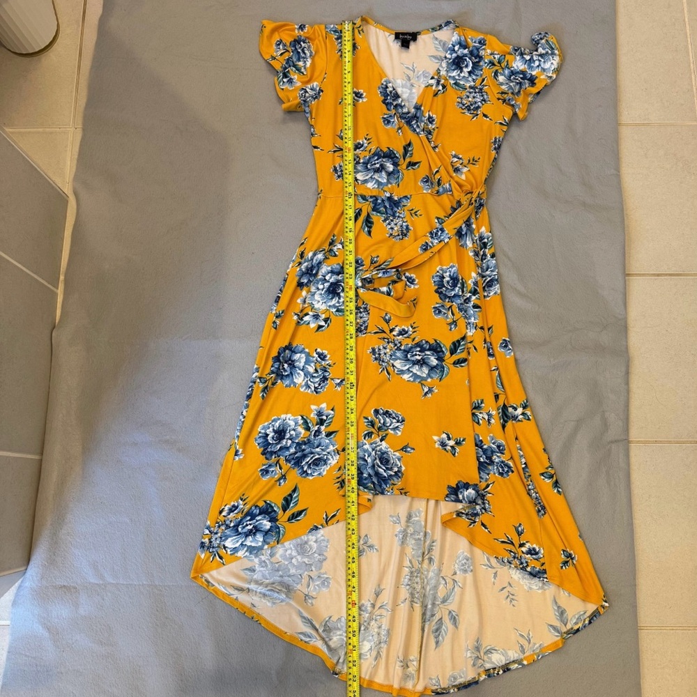 by & by | Mustard Yellow Blue Floral Wrap Maxi Dress | High-Low Hem | Size XL - Picture 3 of 10
